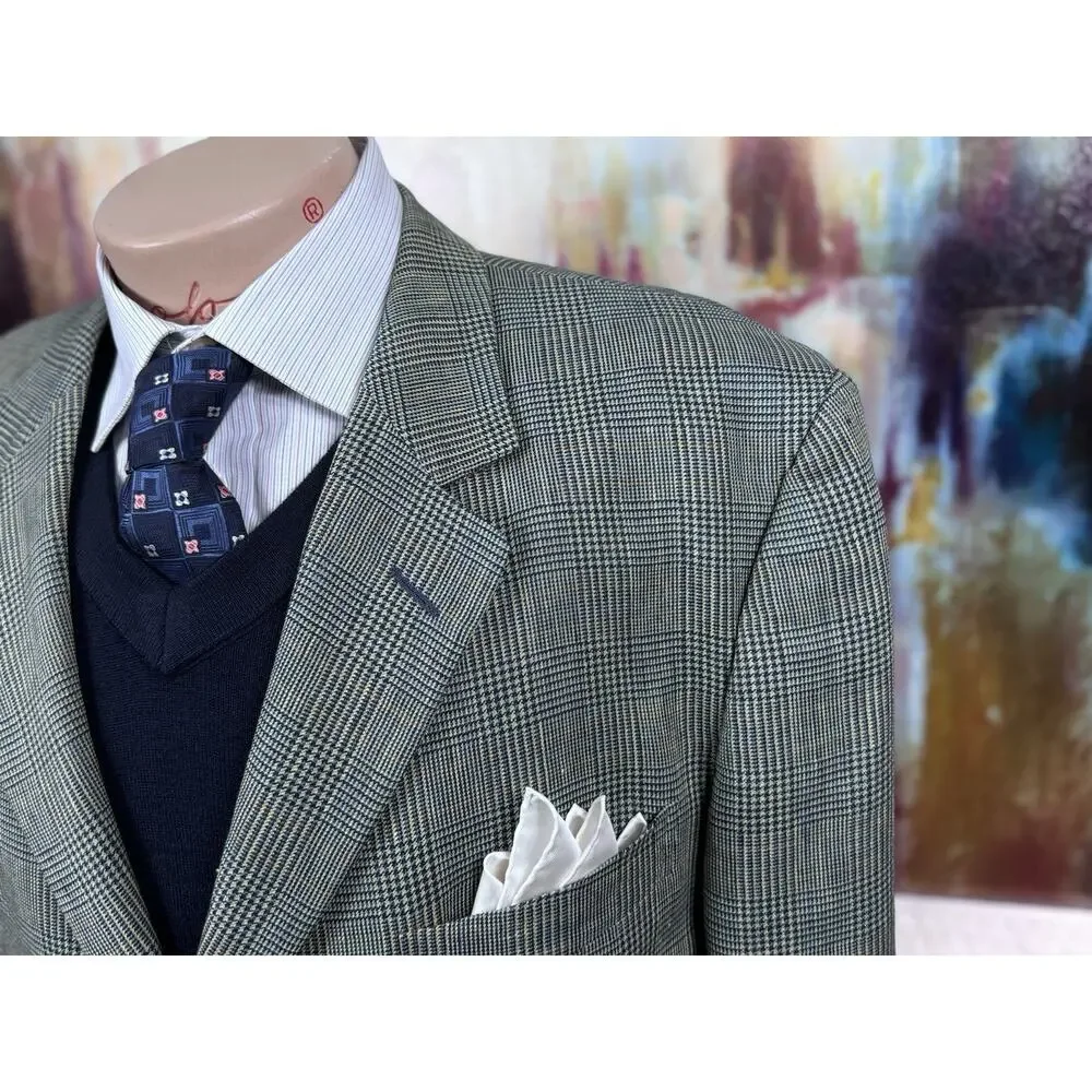 Ermenegildo Zegna Soft Blue Tan Glen Plaid Linen Wool Mohair Sport Coat 46R 56IT